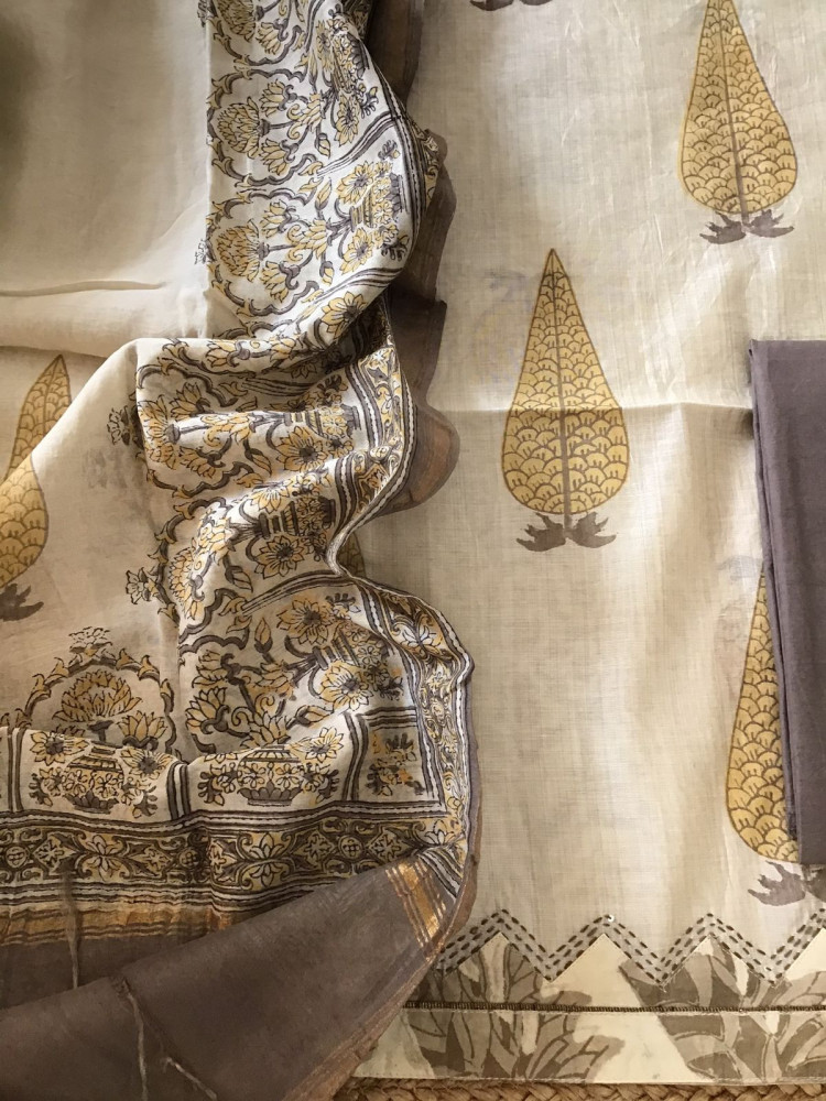 Image of Soft Slub Chanderi Printed Embroidered Border Suit - Beige