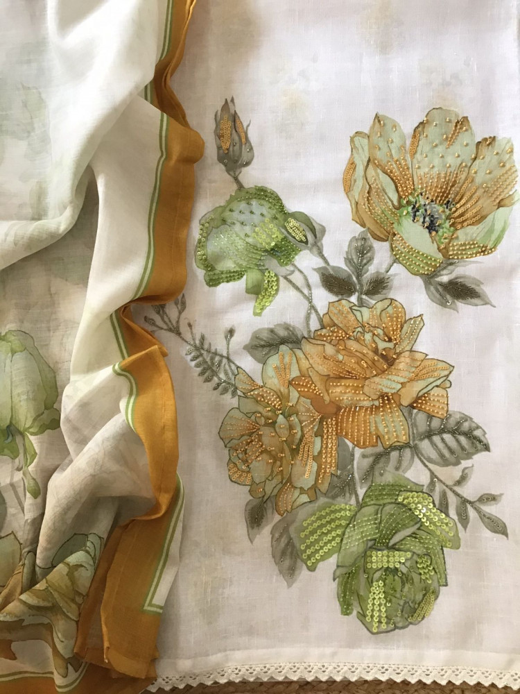 Image of Soft Linen Jute Cotton Printed Embroidered Suit - White