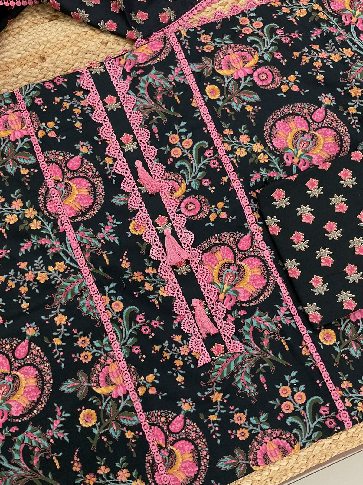 Pure Cotton Printed Embroidered Suit - Black