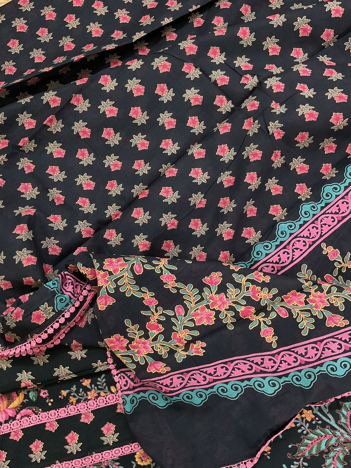 Pure Cotton Printed Embroidered Suit - Black