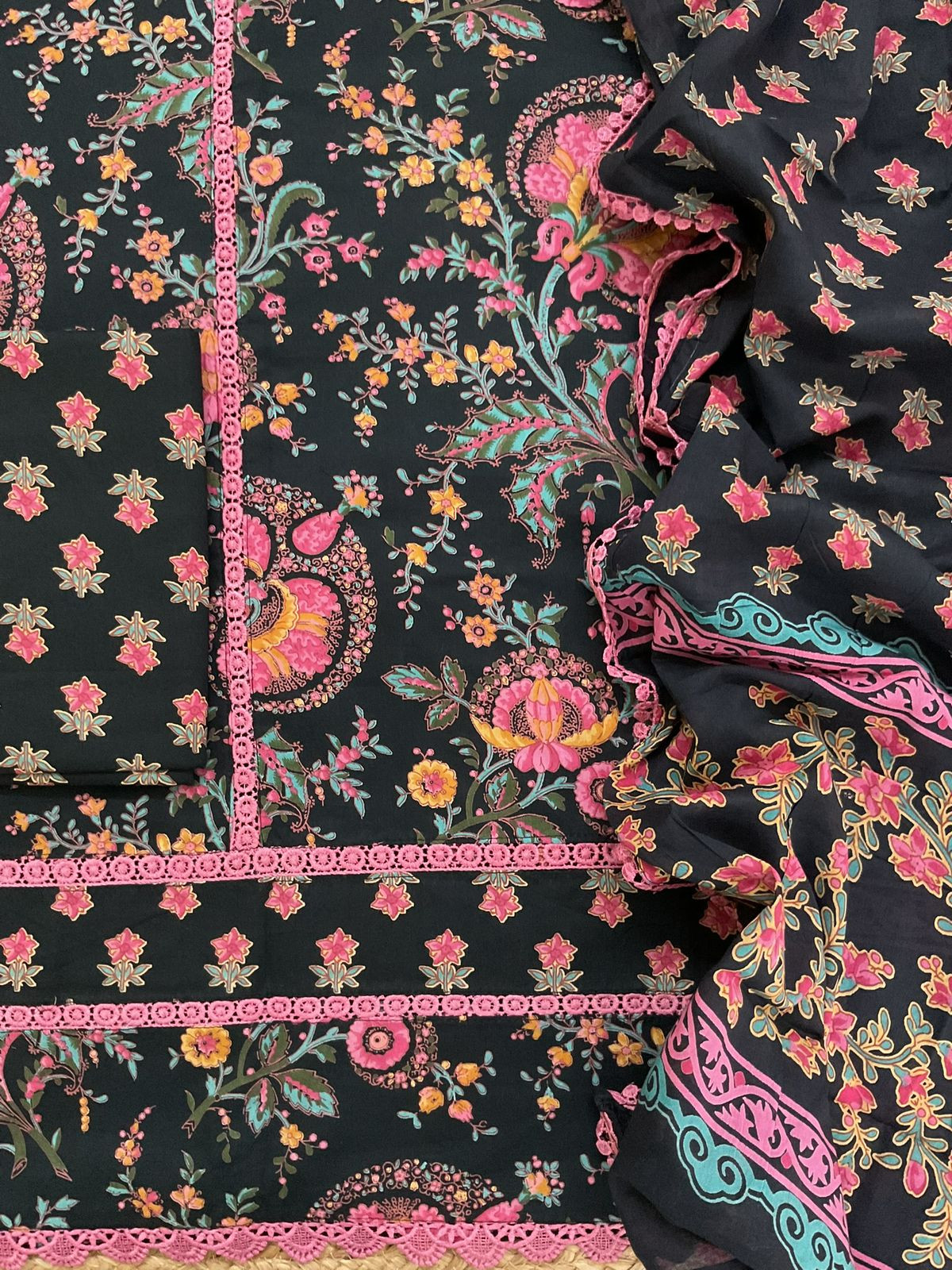 Pure Cotton Printed Embroidered Suit - Black