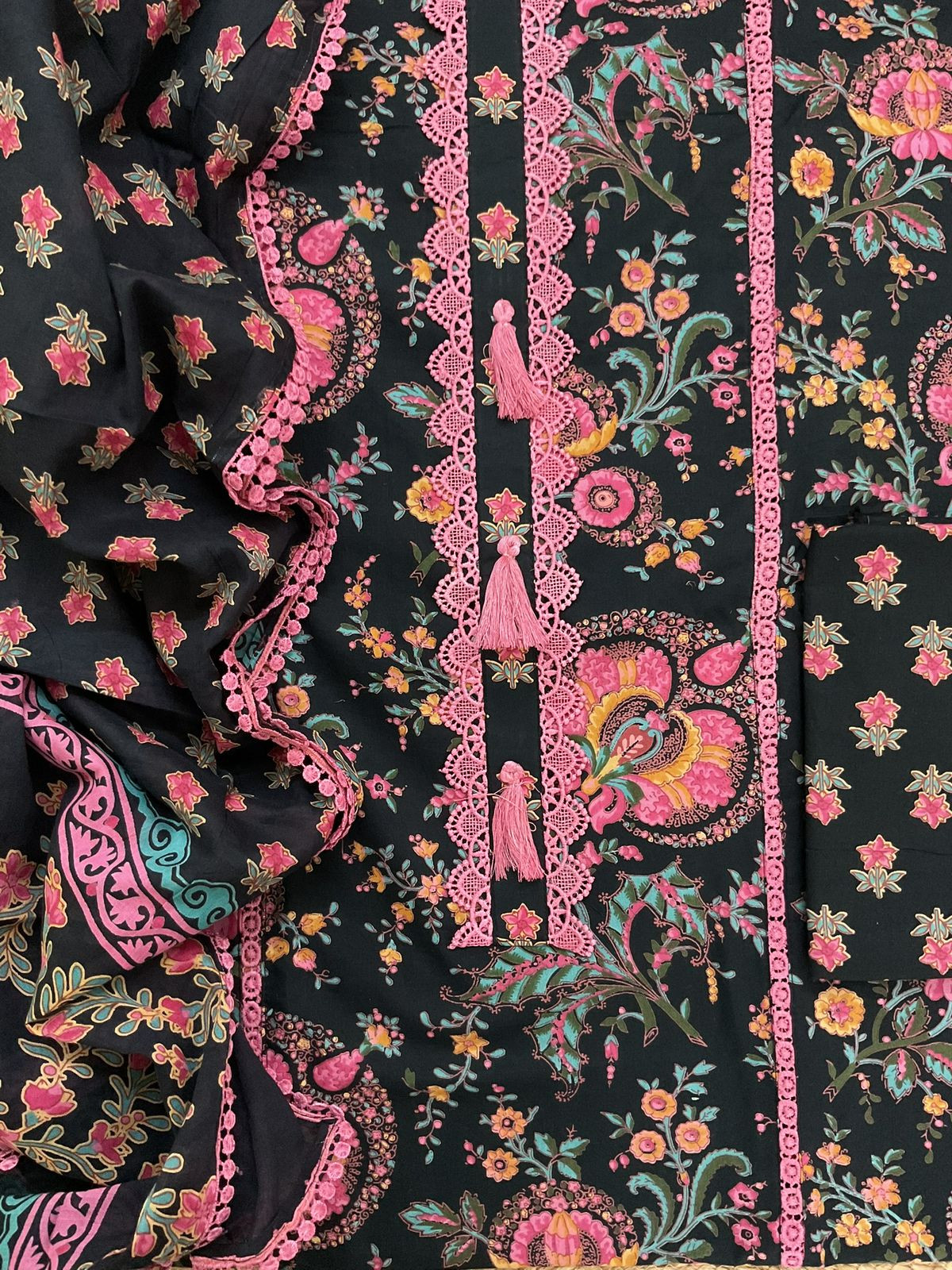 Pure Cotton Printed Embroidered Suit - Black