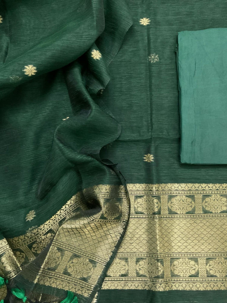 Image of Soft Slub Chanderi Jamdani Weaved Suit - Green