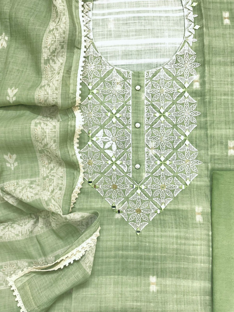Image of Soft Linen Jute Cotton Printed Embroidered Suit - Green
