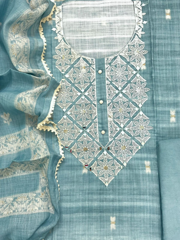 Image of Soft Linen Jute Cotton Printed Embroidered Suit - Blue