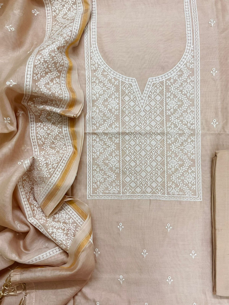 Image of Pure Mul Chanderi Embroidered Suit - Beige