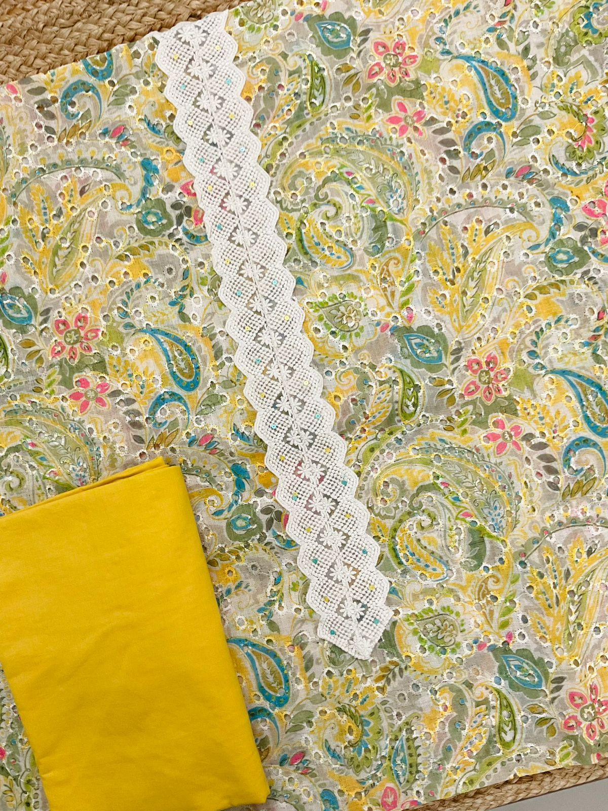 Soft Fine Linen Jute Hakoba Cotton Printed Embroidered Suit - Yellow