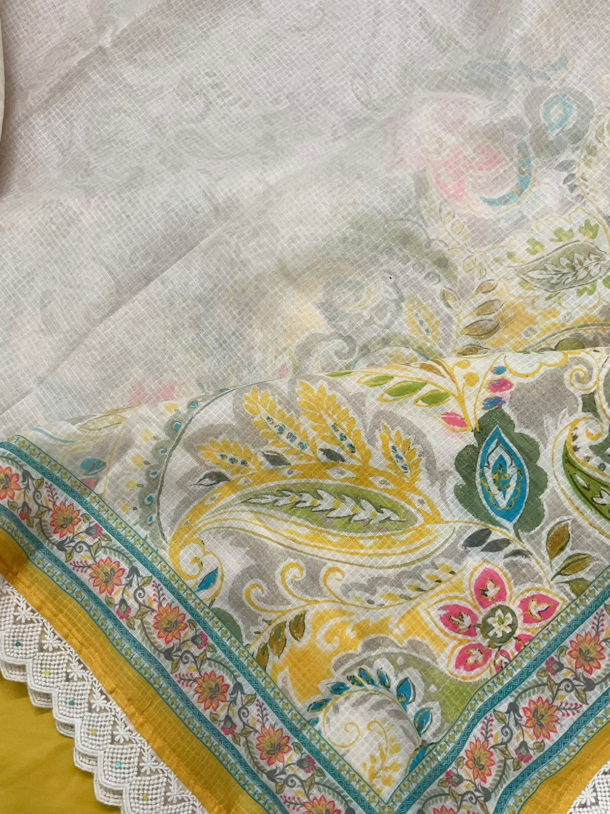 Soft Fine Linen Jute Hakoba Cotton Printed Embroidered Suit - Yellow