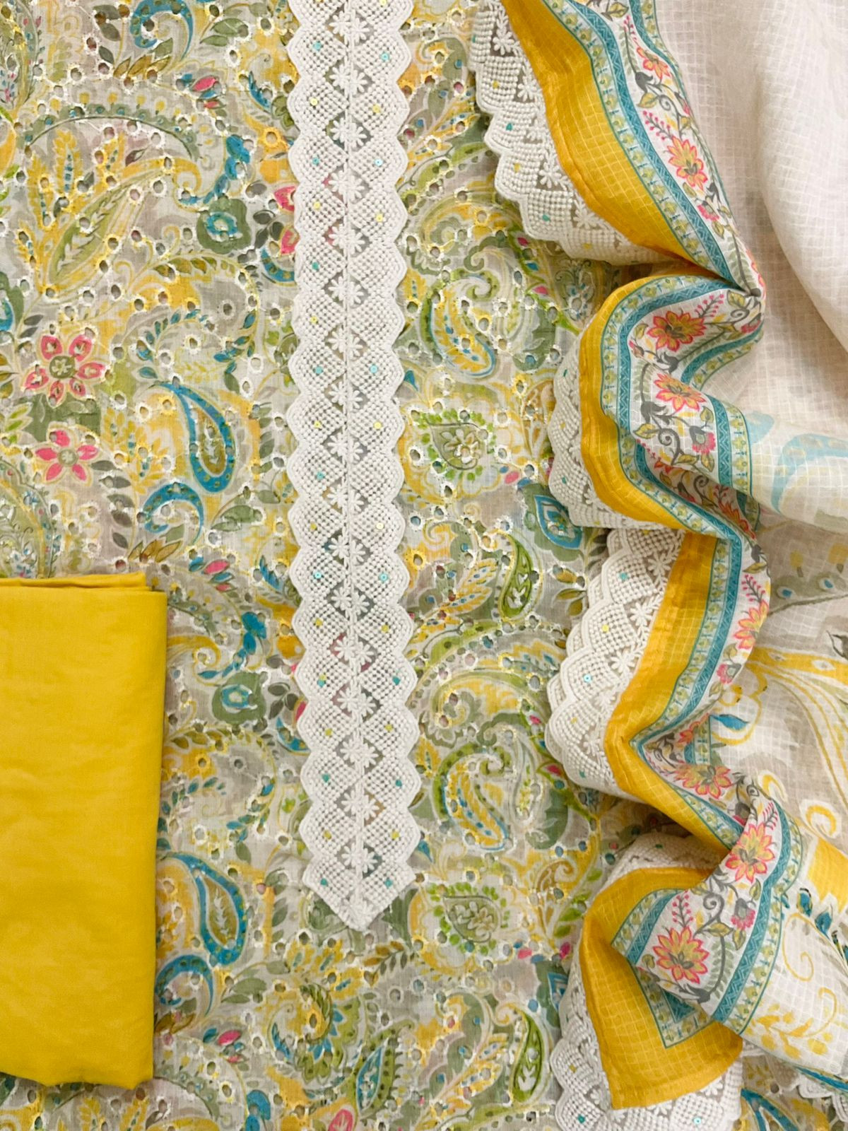 Soft Fine Linen Jute Hakoba Cotton Printed Embroidered Suit - Yellow