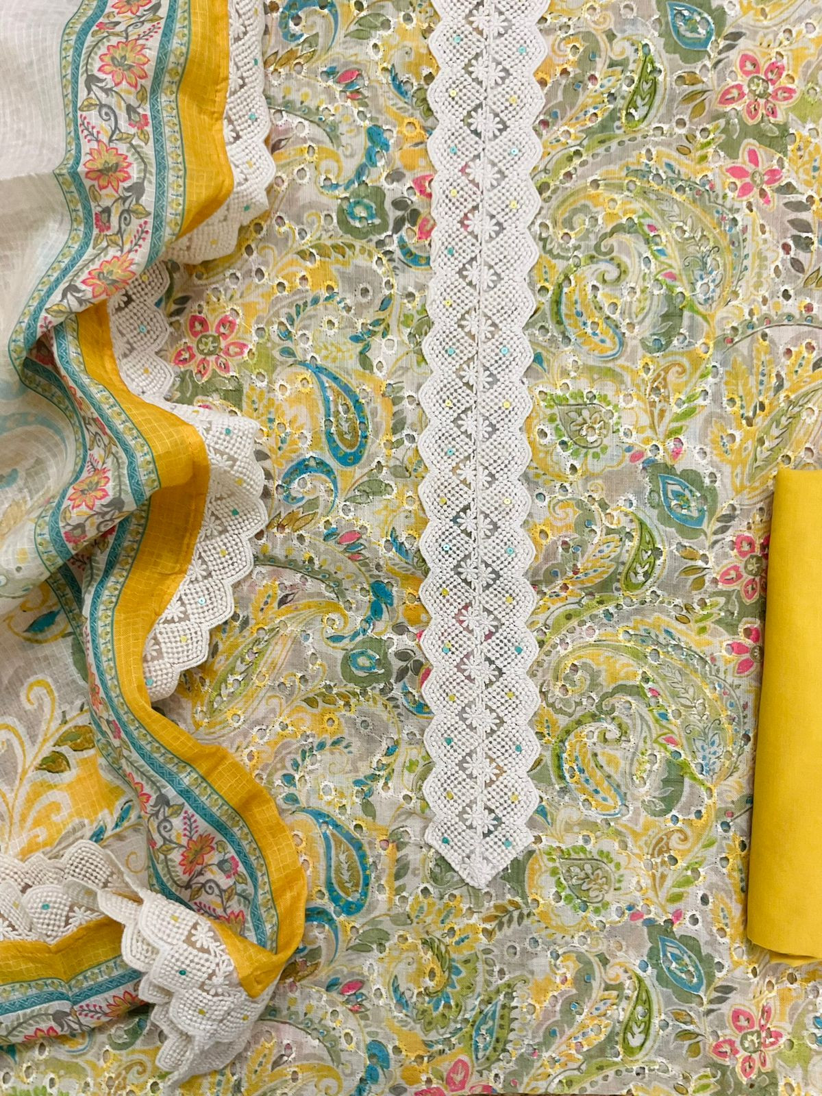 Soft Fine Linen Jute Hakoba Cotton Printed Embroidered Suit - Yellow