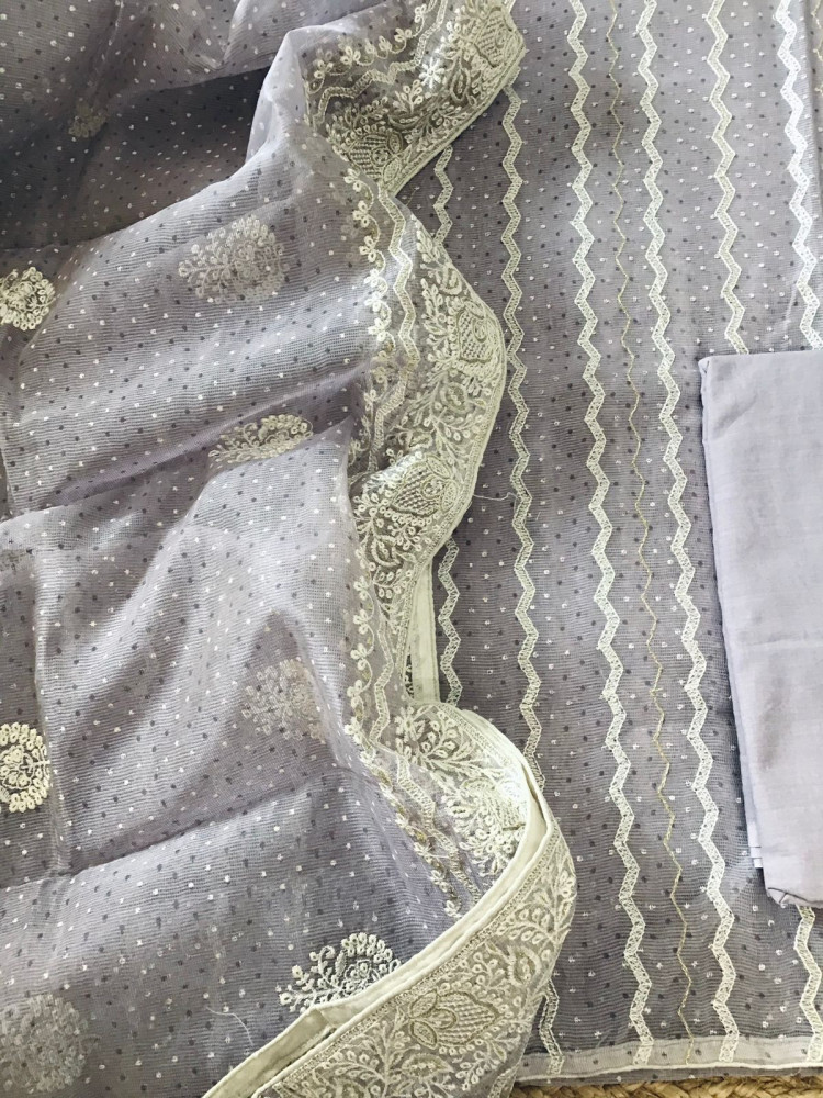 Image of Soft Supernet Printed Embroidered Suit - Lilac