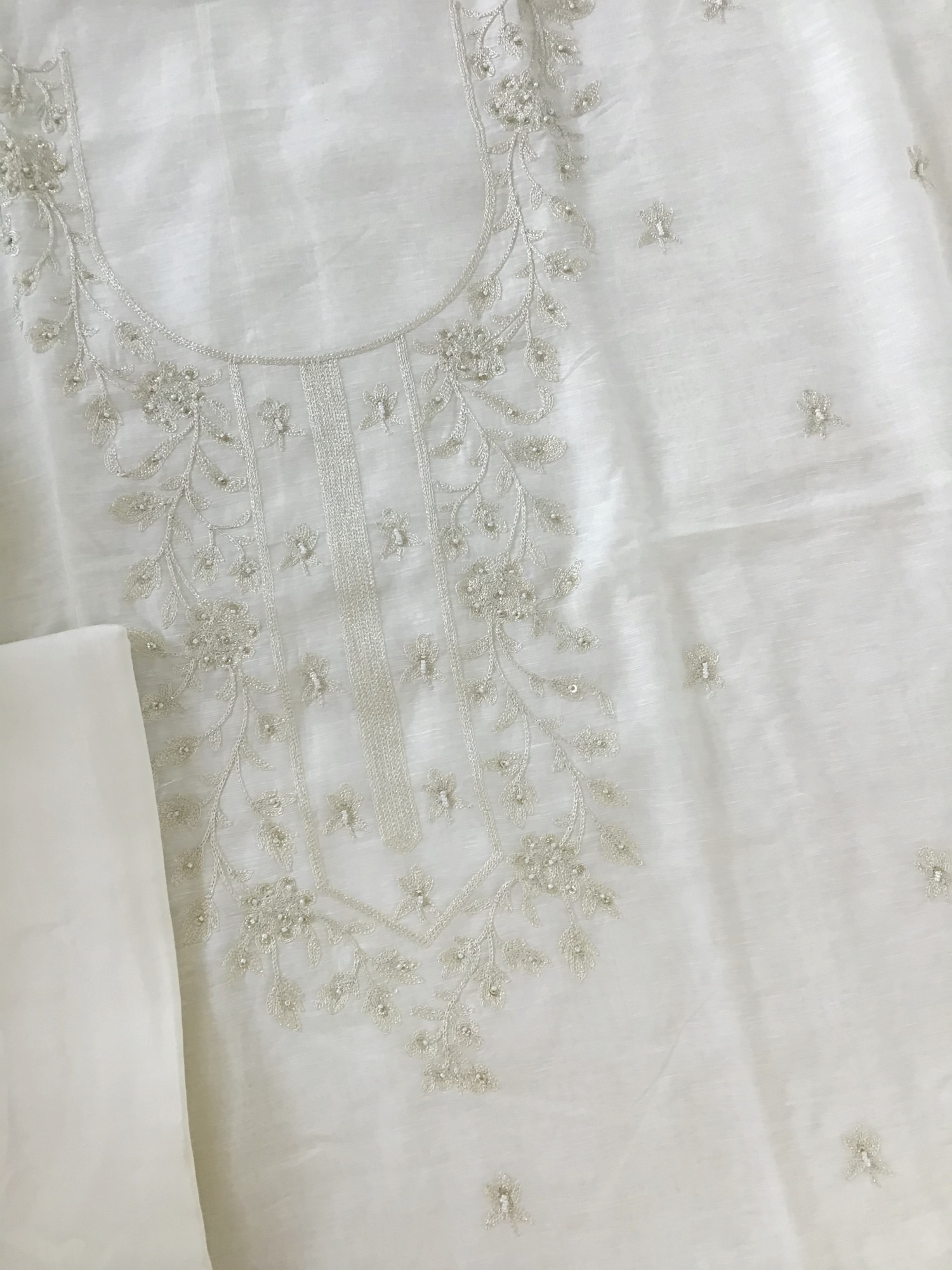 Pure Linen Silk Embroidered Suit - Offwhite