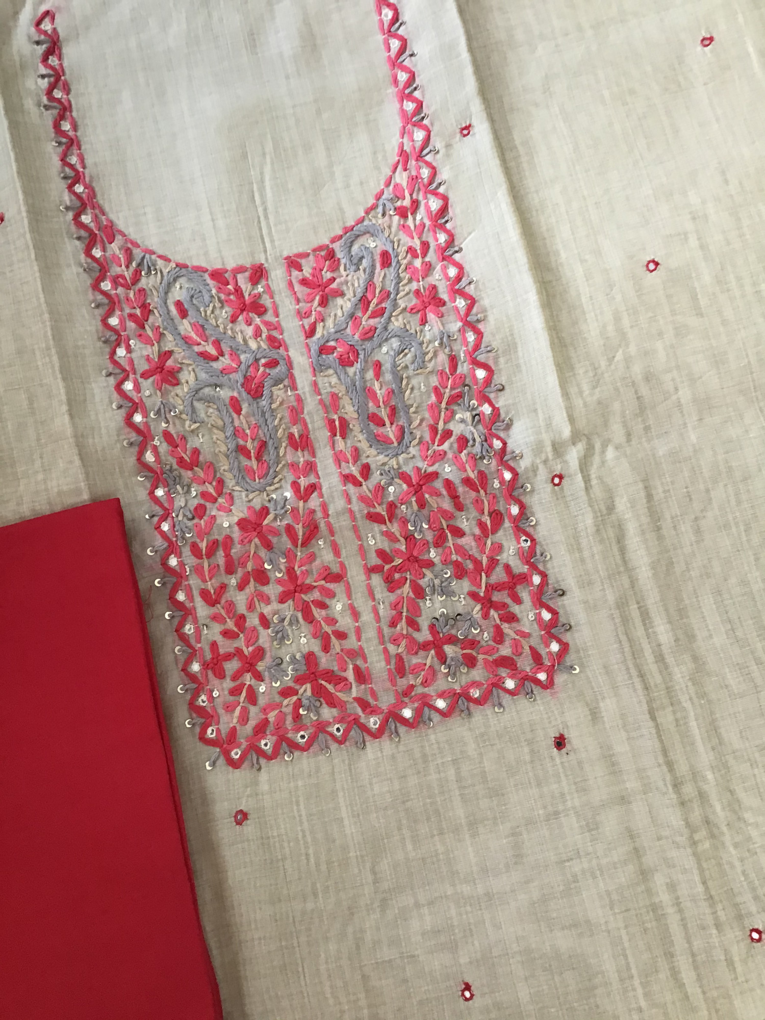 Pure slub Chanderi Embroidered Suit - BeigePink