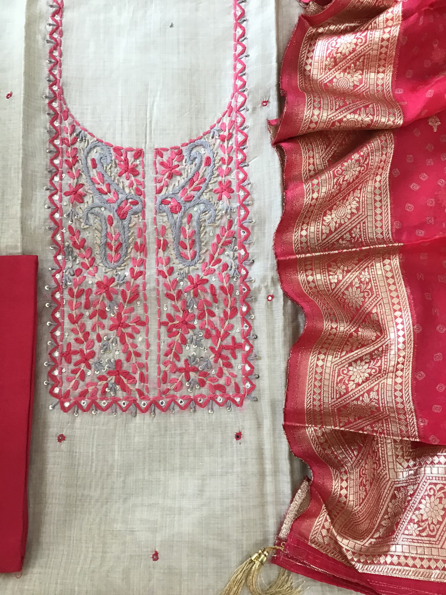 Pure slub Chanderi Embroidered Suit - BeigePink