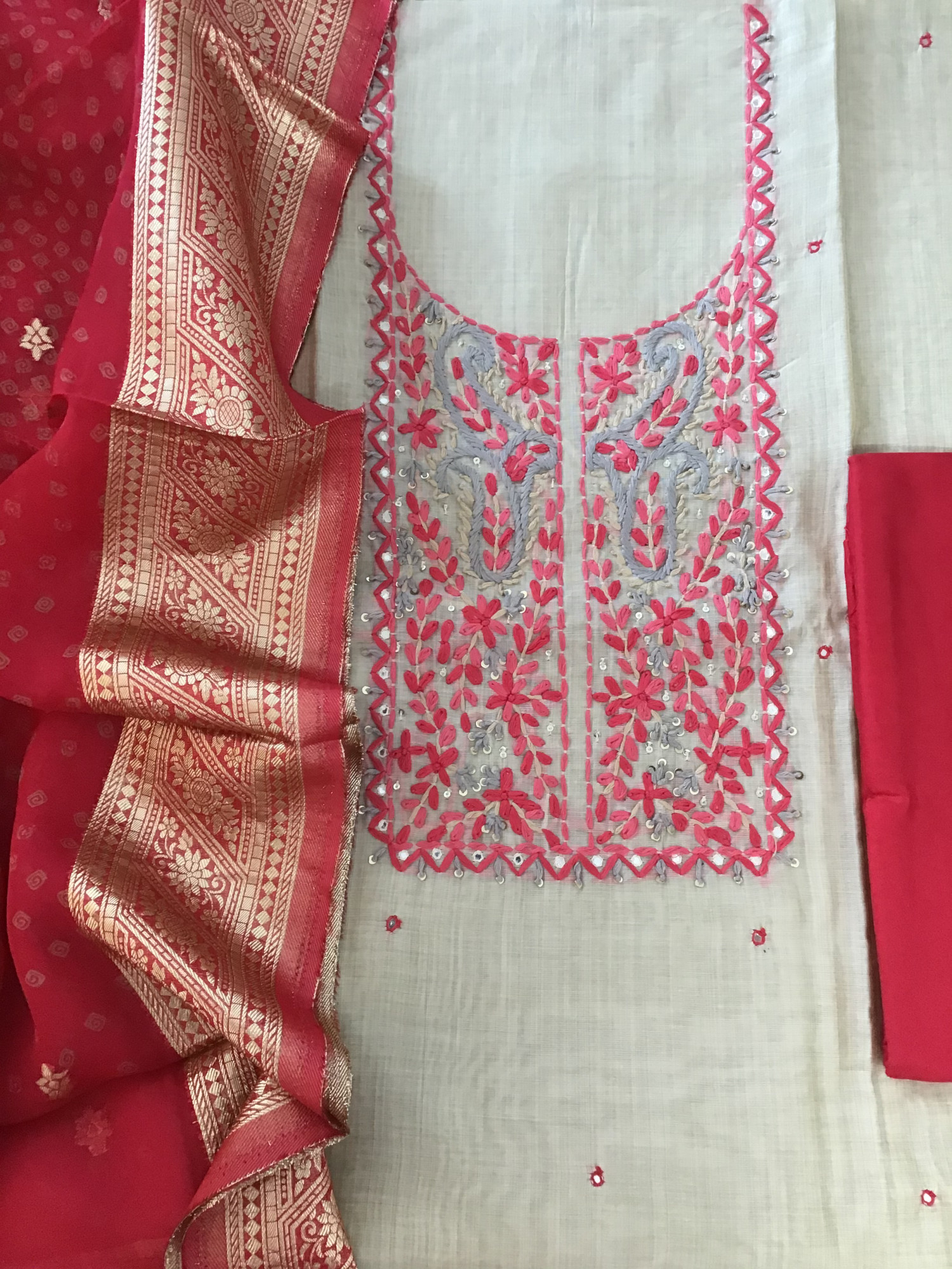 Pure slub Chanderi Embroidered Suit - BeigePink