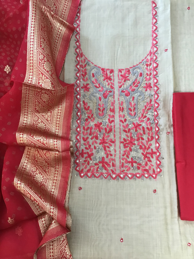 Image of Pure slub Chanderi Embroidered Suit - Beige/Pink