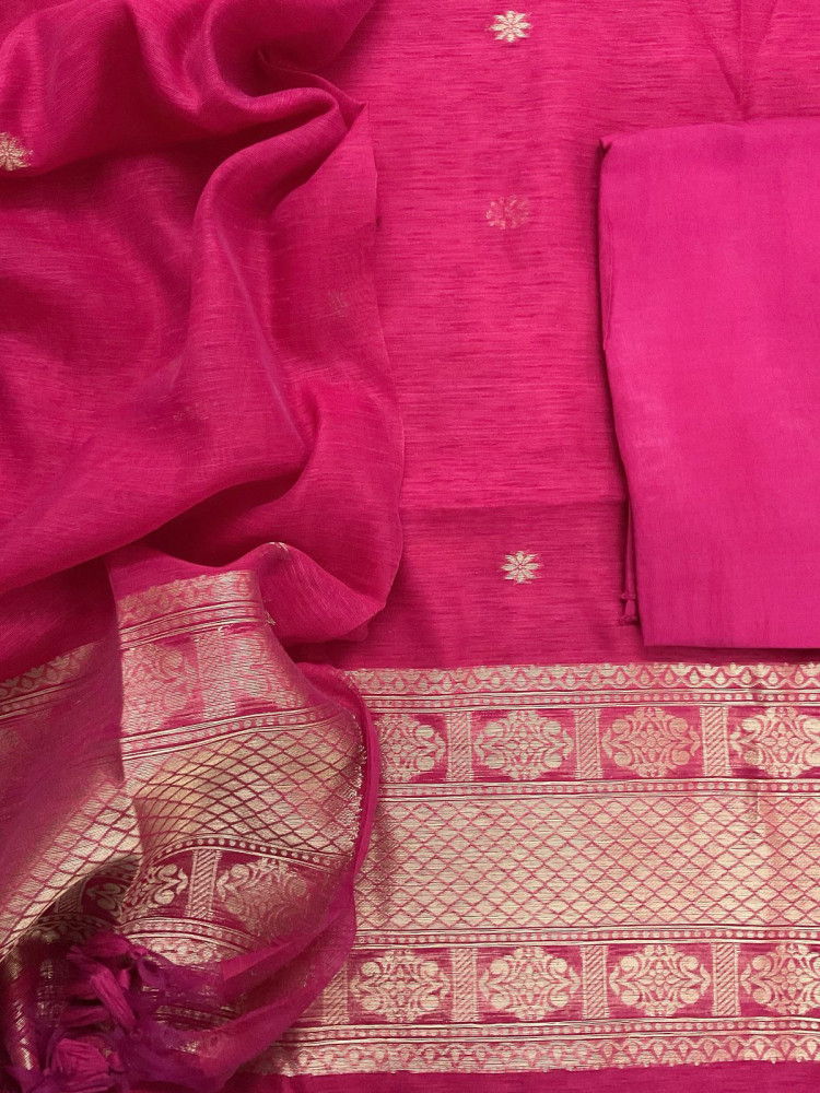 Image of Soft Slub Chanderi Jamdani Weaved Suit - Pink