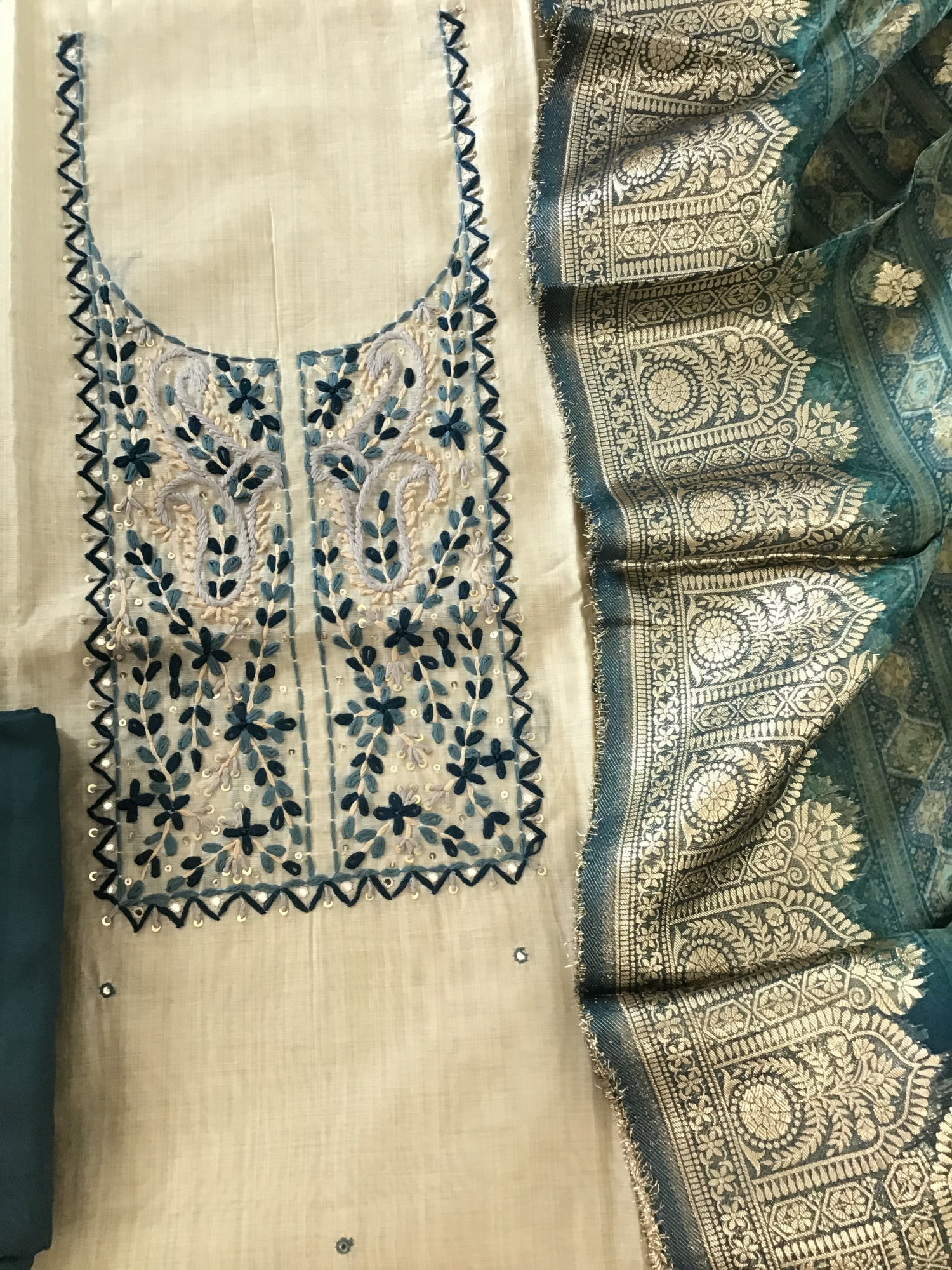 Pure slub Chanderi Embroidered Suit - BeigeDarkGreen