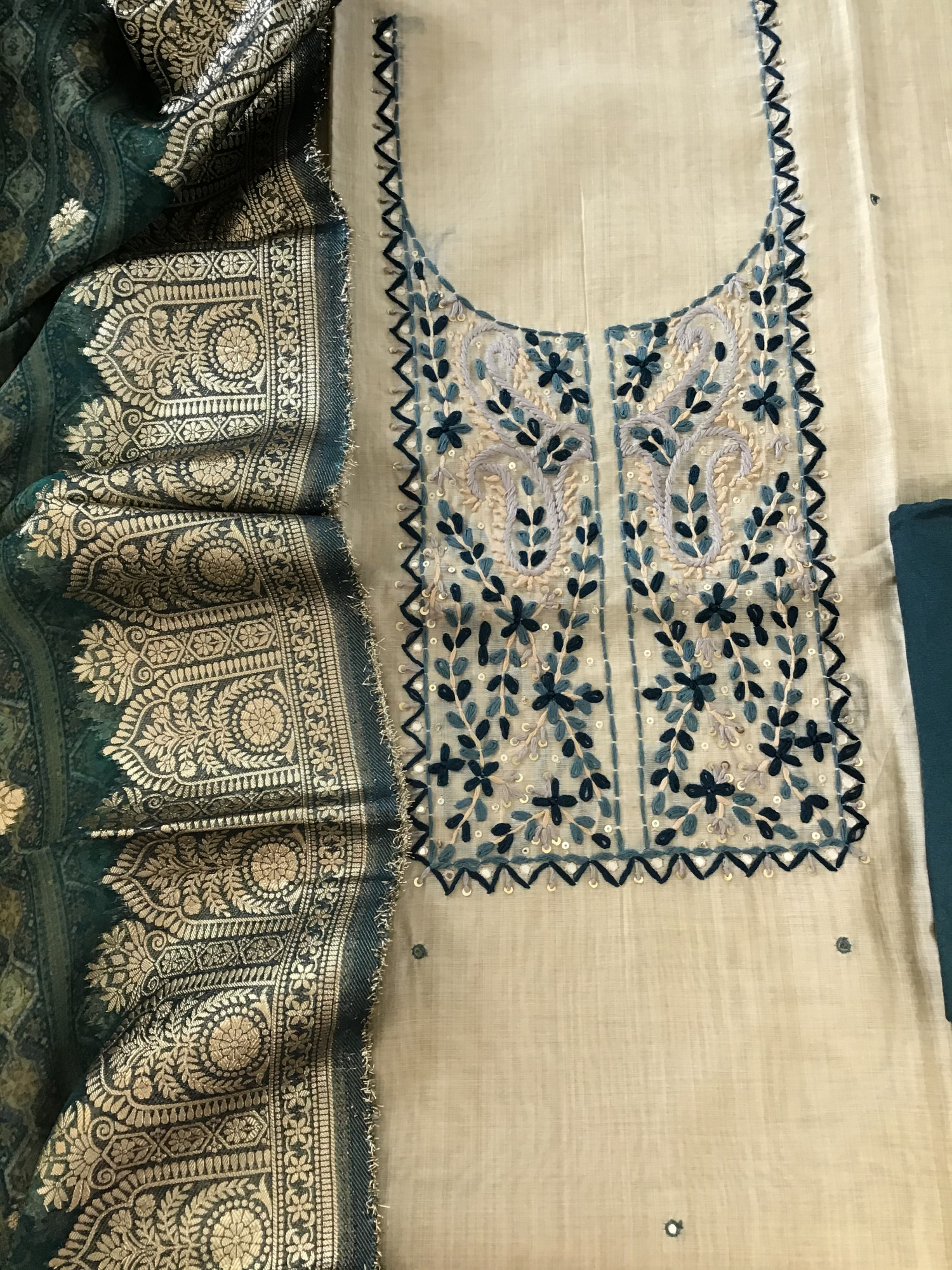 Pure slub Chanderi Embroidered Suit - BeigeDarkGreen