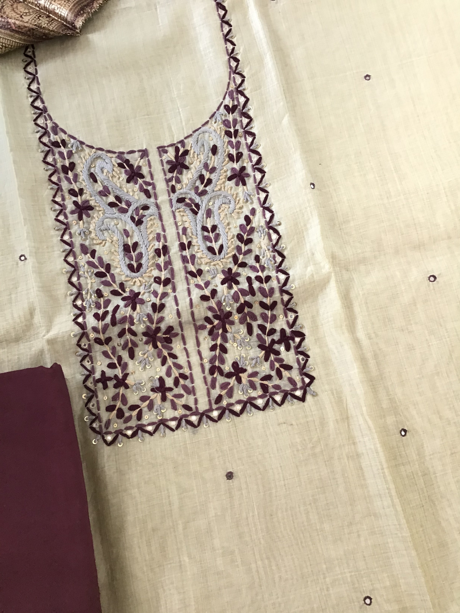 Soft Slub Chanderi Embroidered Suit - BeigeWine