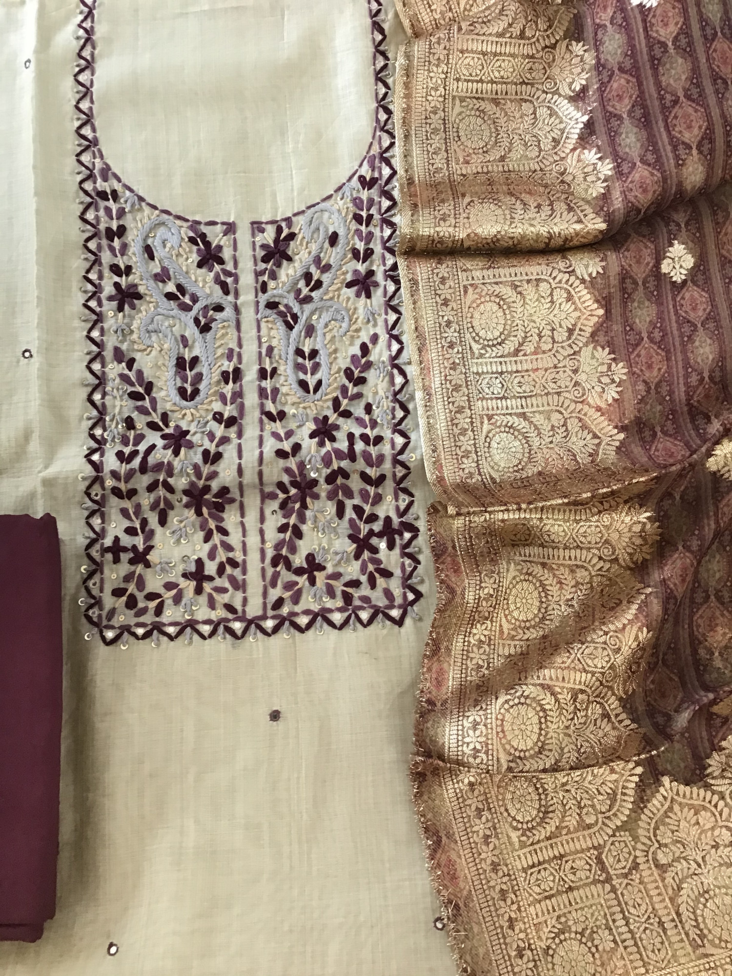 Soft Slub Chanderi Embroidered Suit - BeigeWine
