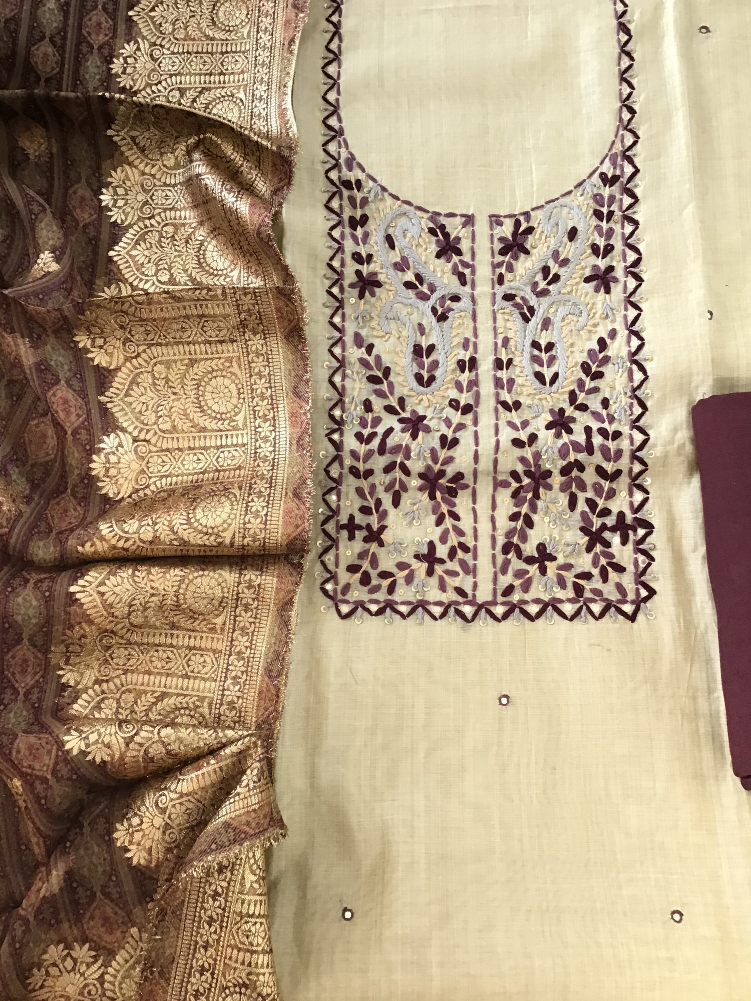 Soft Slub Chanderi Embroidered Suit - BeigeWine