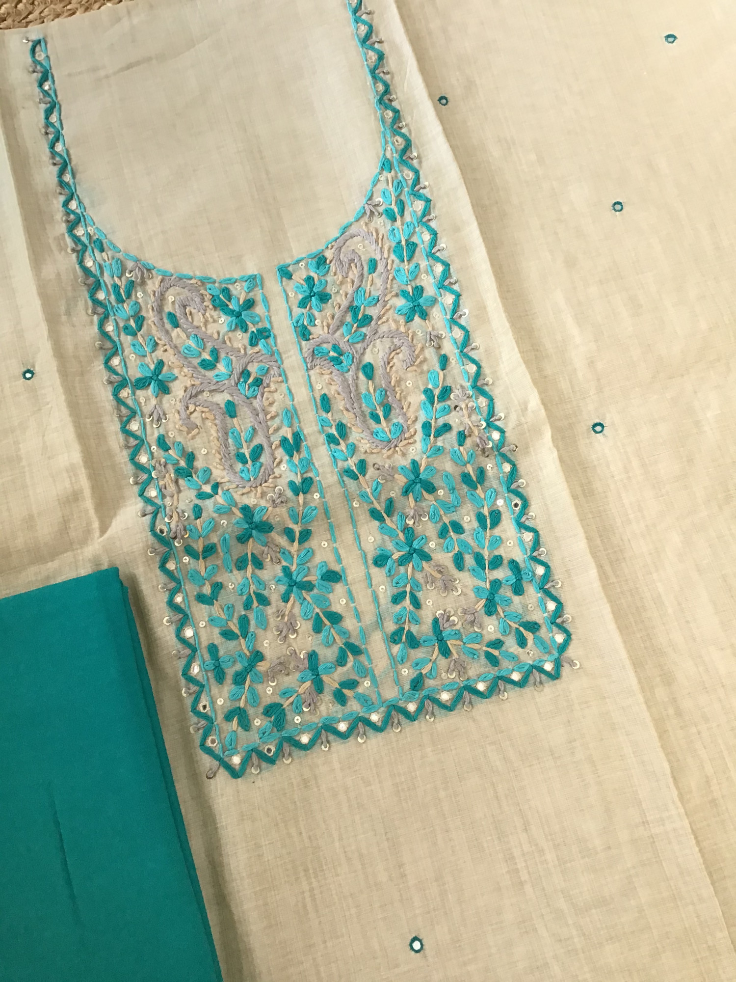 Pure Slub Chanderi Embroidered Suit - BeigeGreen