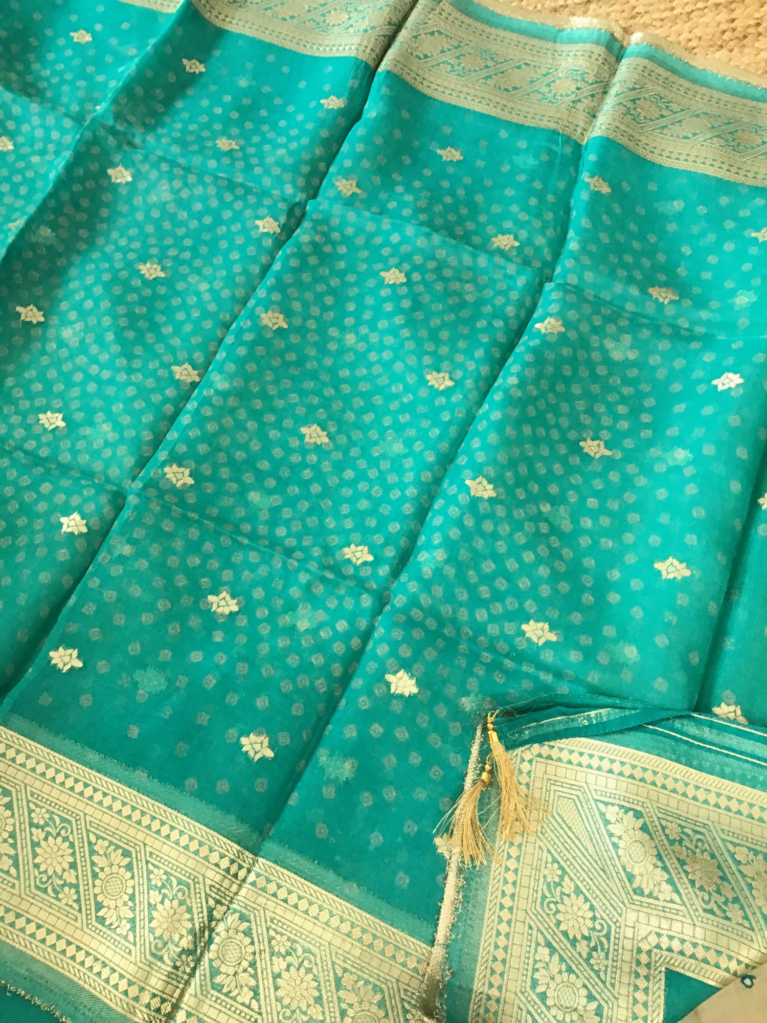 Pure Slub Chanderi Embroidered Suit - BeigeGreen