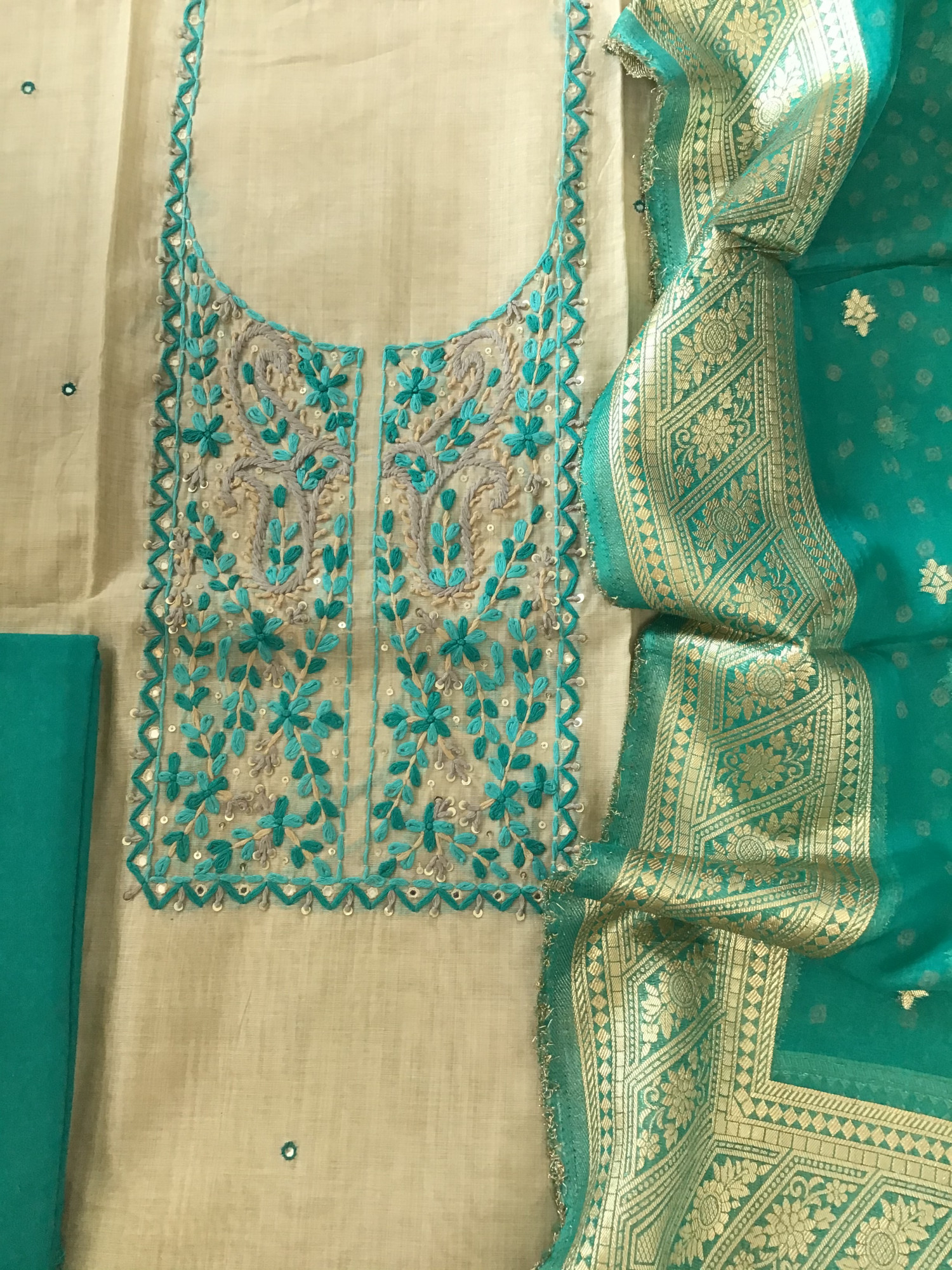 Pure Slub Chanderi Embroidered Suit - BeigeGreen