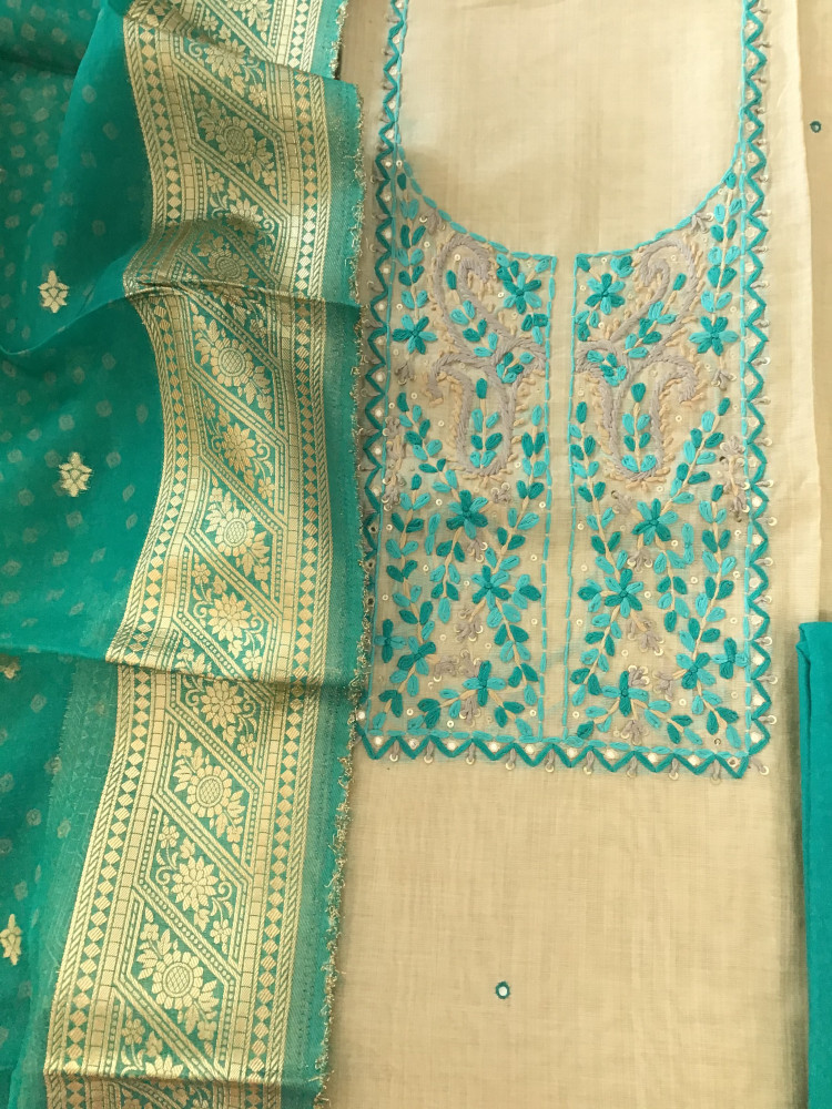 Image of Pure Slub Chanderi Embroidered Suit - Beige/Green
