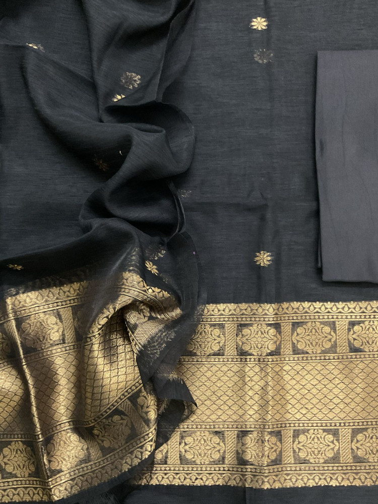 Image of Soft Slub Chanderi Jamdani Weaved Suit - Black