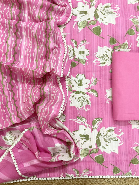 Image of Pure Cotton Printed Self Weaved Suit - Pink