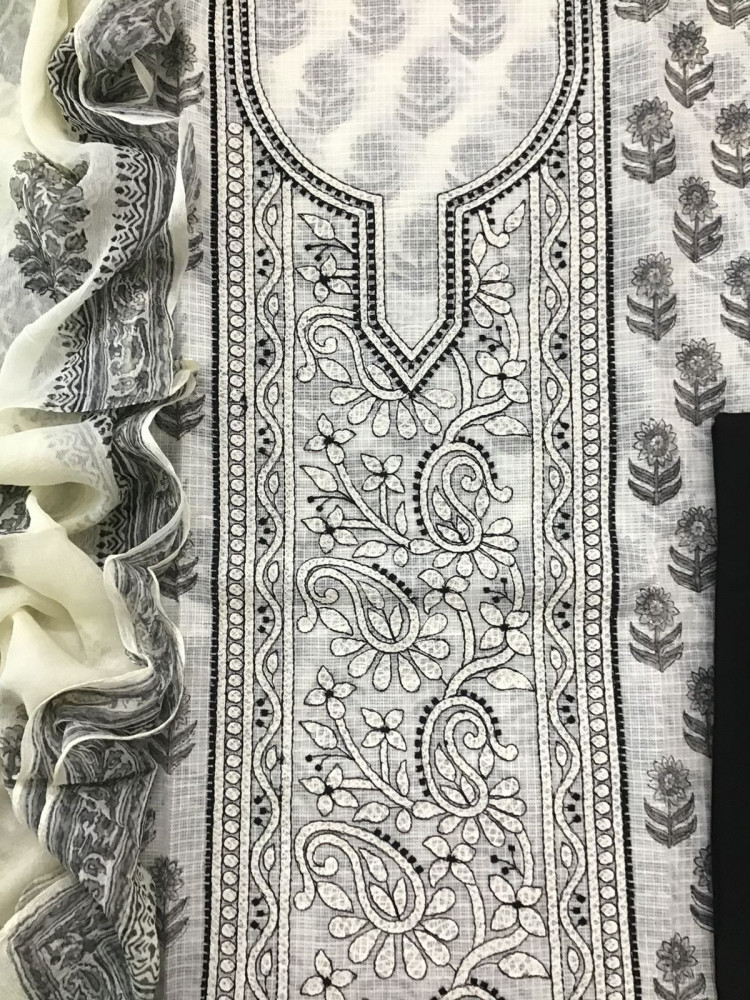 Image of Pure Kota Cotton Printed Embroidered Suit - Off White