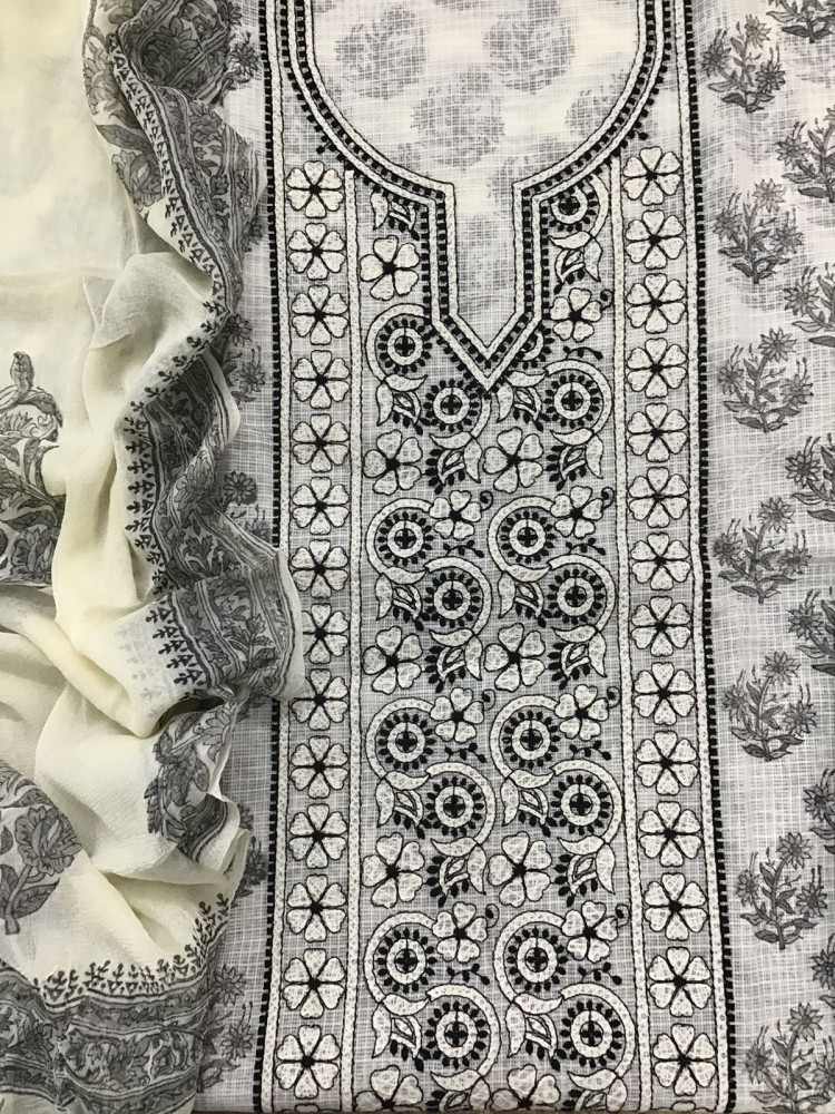 Image of Pure Kota Cotton Printed Embroidered Suit - Off White
