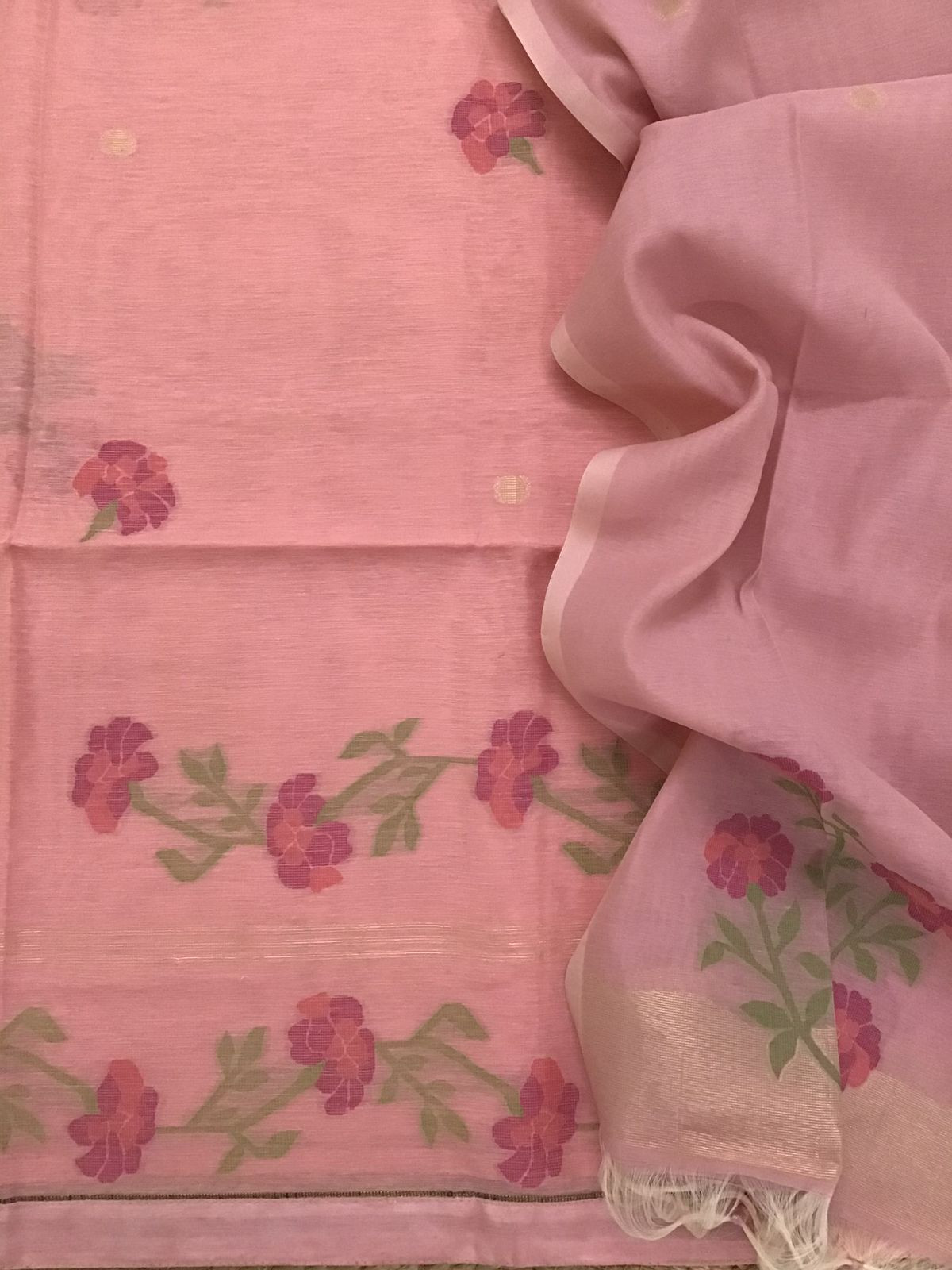 Soft Slub Chanderi Jamdani Weaved Suit - Peach