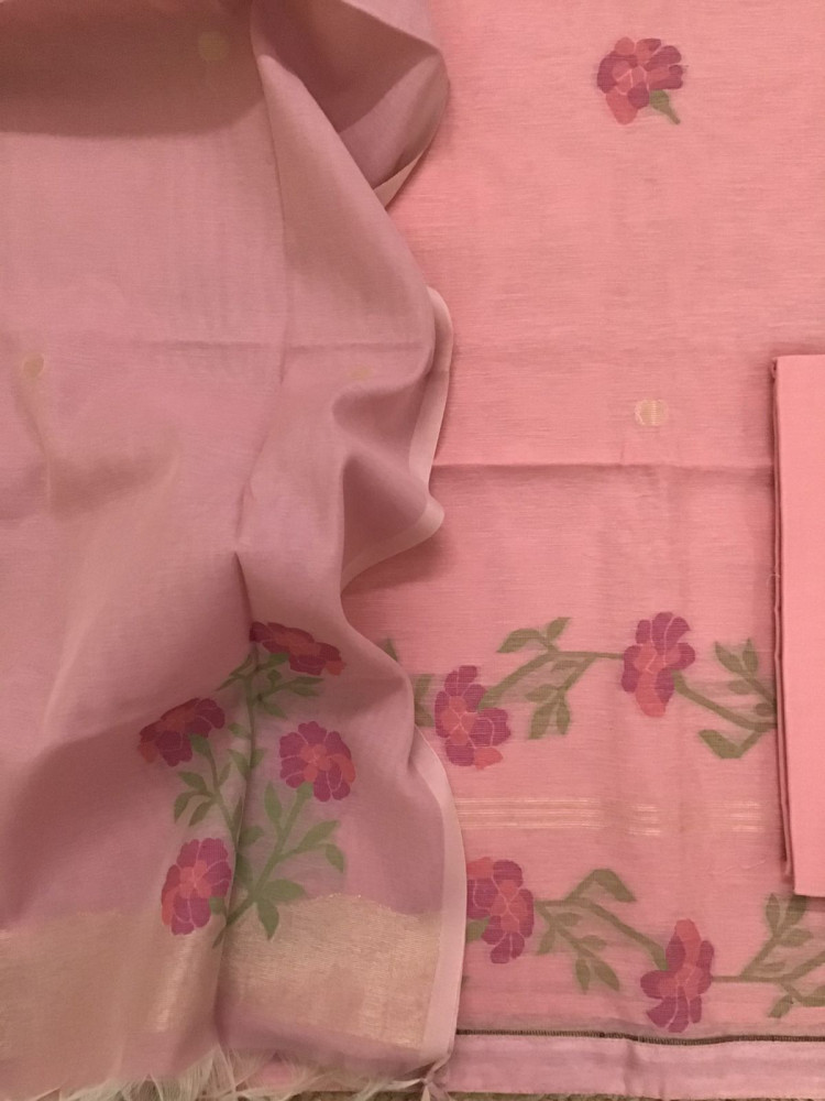 Image of Soft Slub Chanderi Jamdani Weaved Suit - Peach