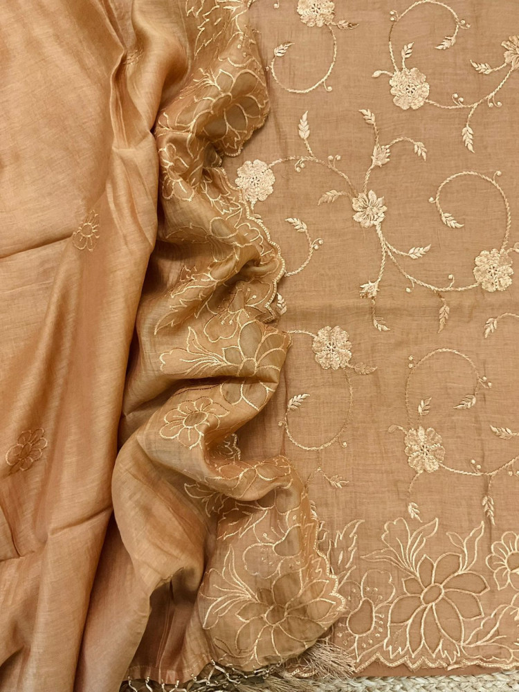 Image of Pure Mul Chanderi Embroidered Suit - Golden Orange