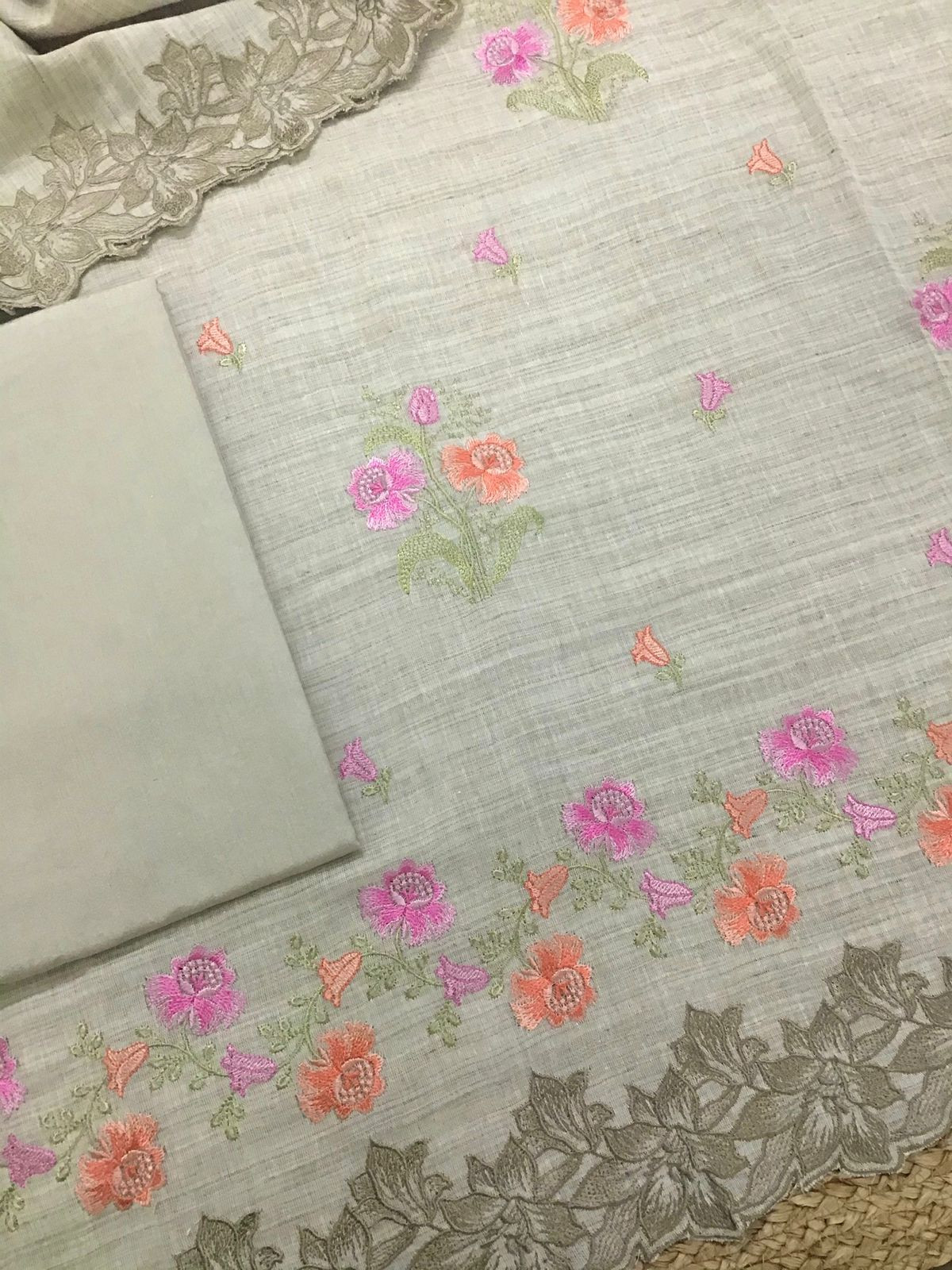 Pure Linen Cotton Embroidered Suit - Greyish Beige