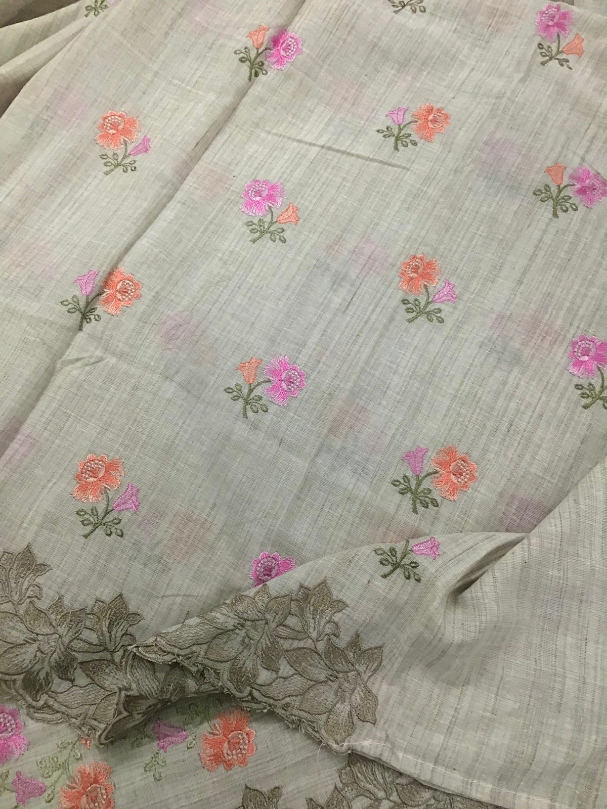 Pure Linen Cotton Embroidered Suit - Greyish Beige