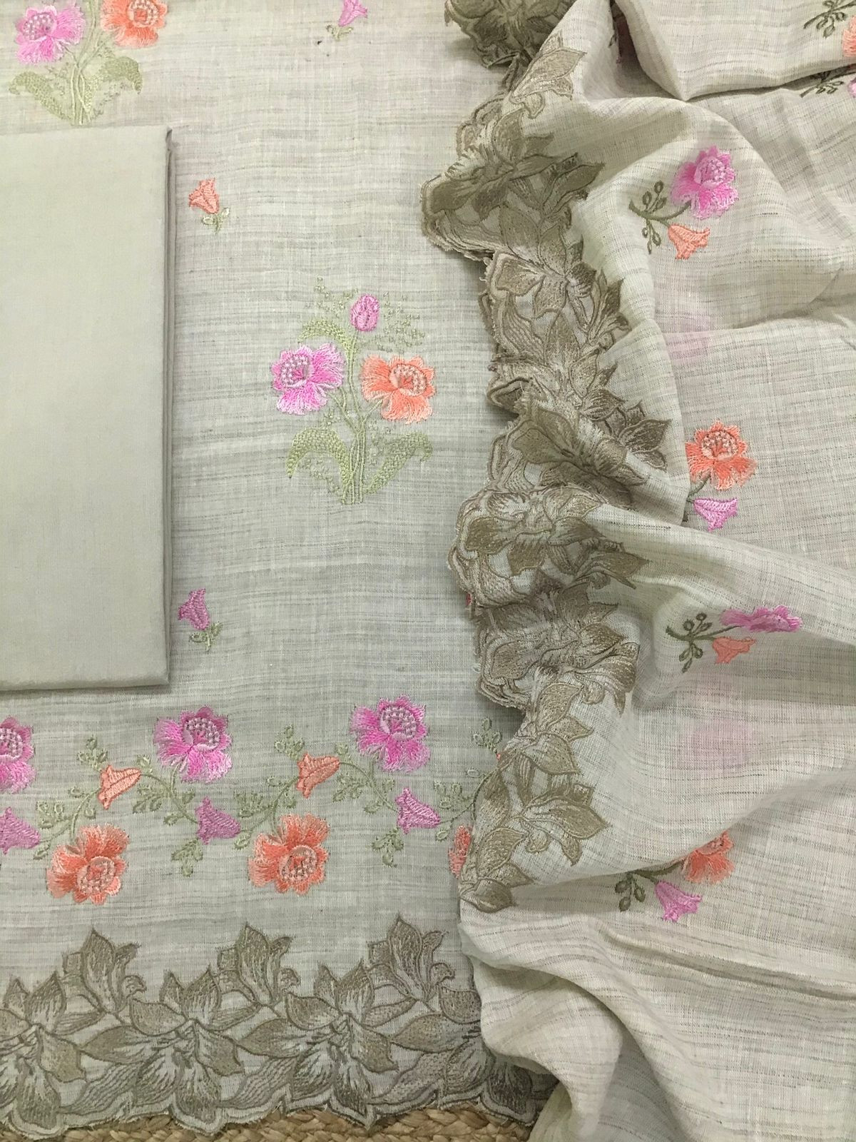 Pure Linen Cotton Embroidered Suit - Greyish Beige