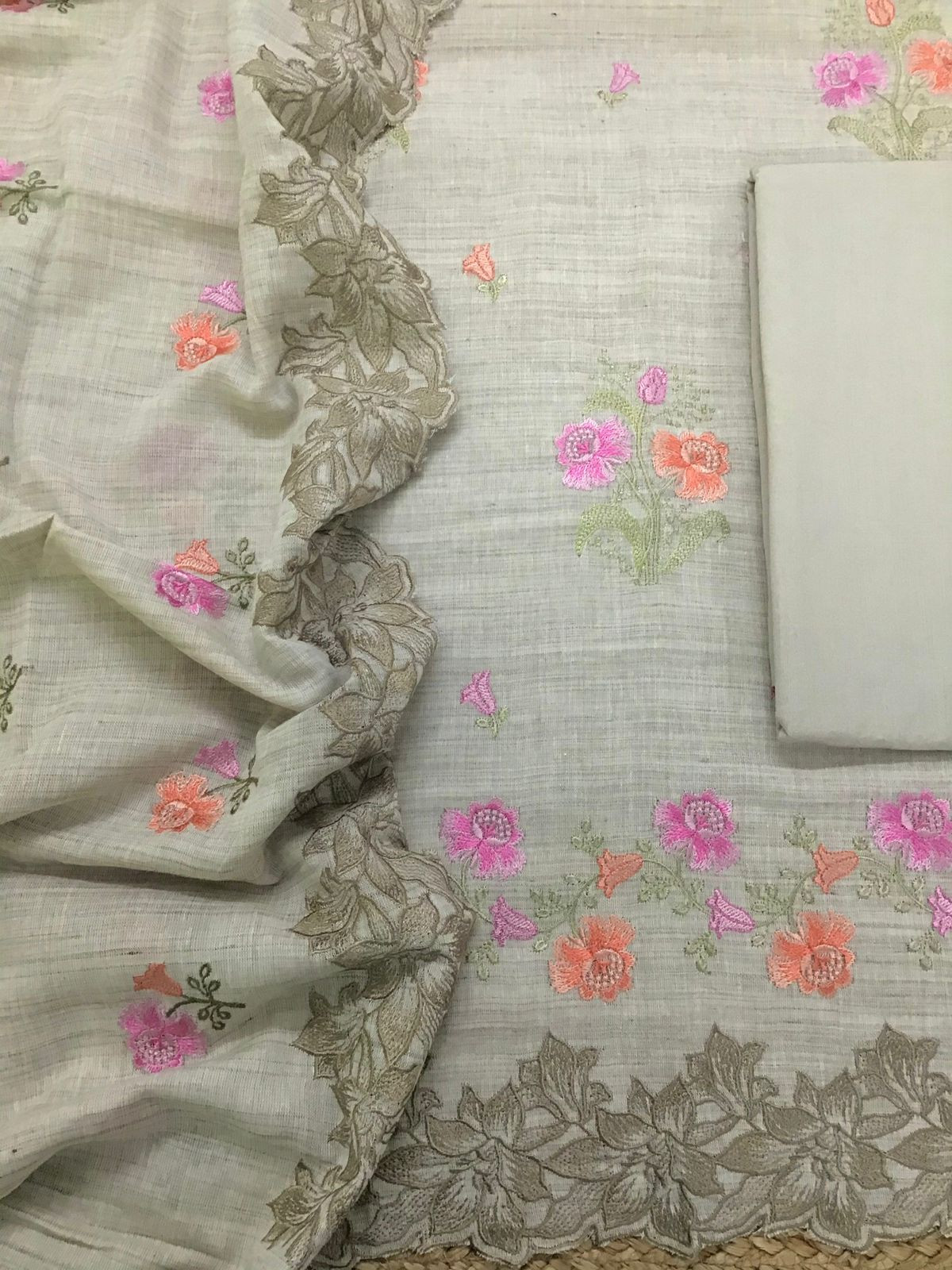 Pure Linen Cotton Embroidered Suit - Greyish Beige