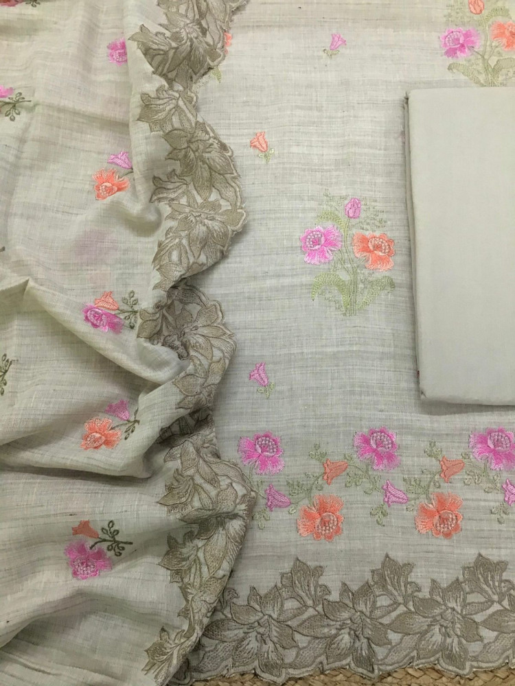 Image of Pure Linen Cotton Embroidered Suit - Greyish Beige
