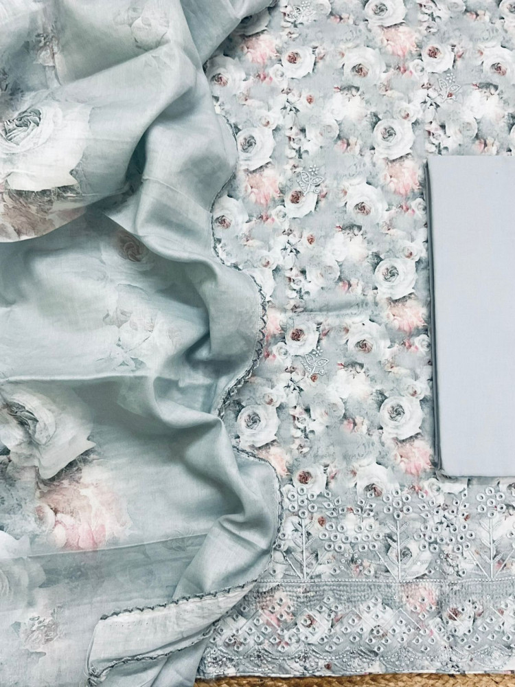Image of Pure Cotton Printed Embroidered Suit - Grey