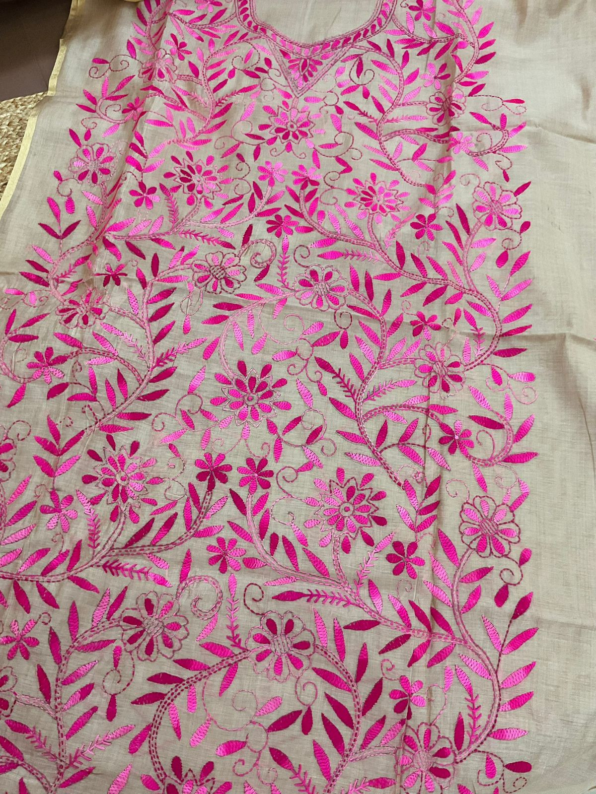 Soft Chanderi Embroidered Only Kurta Fabric - Beige