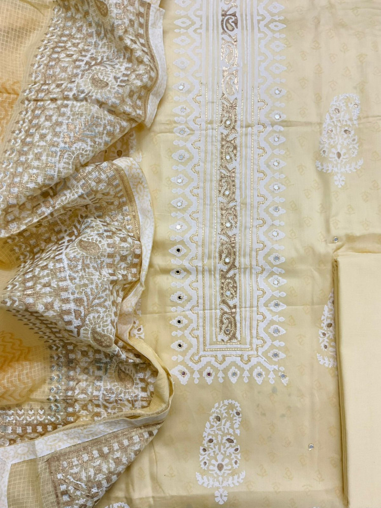 Image of Pure Jaam Cotton Printed Embroidered Suit - Yellow