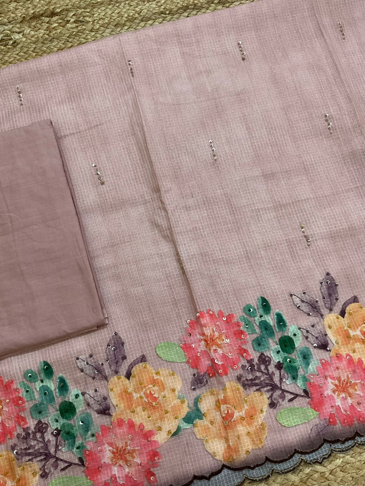 Soft Kota Silk Printed Embroidered Suit - Peachish Beige