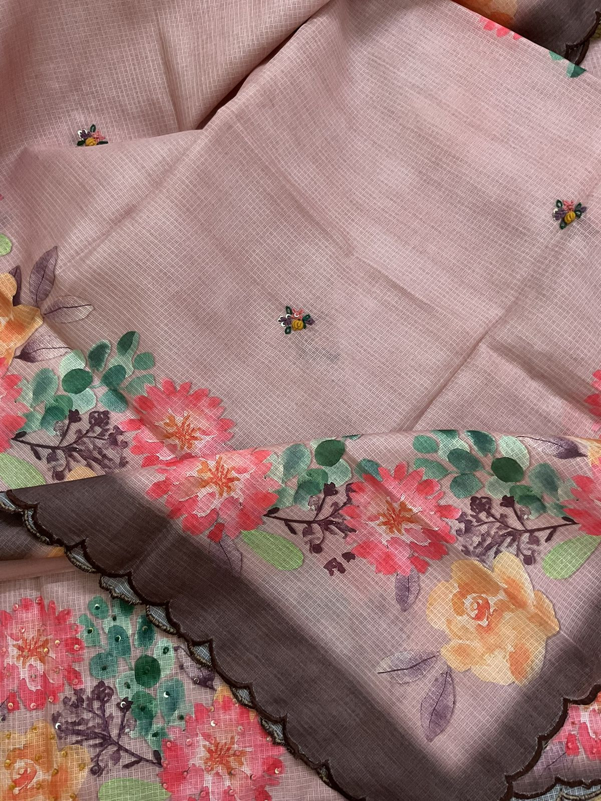 Soft Kota Silk Printed Embroidered Suit - Peachish Beige