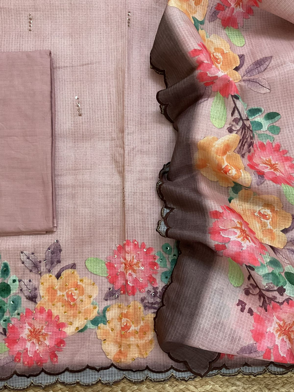 Soft Kota Silk Printed Embroidered Suit - Peachish Beige