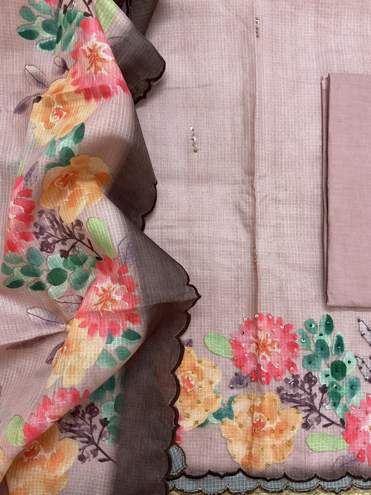 Soft Kota Silk Printed Embroidered Suit - Peachish Beige
