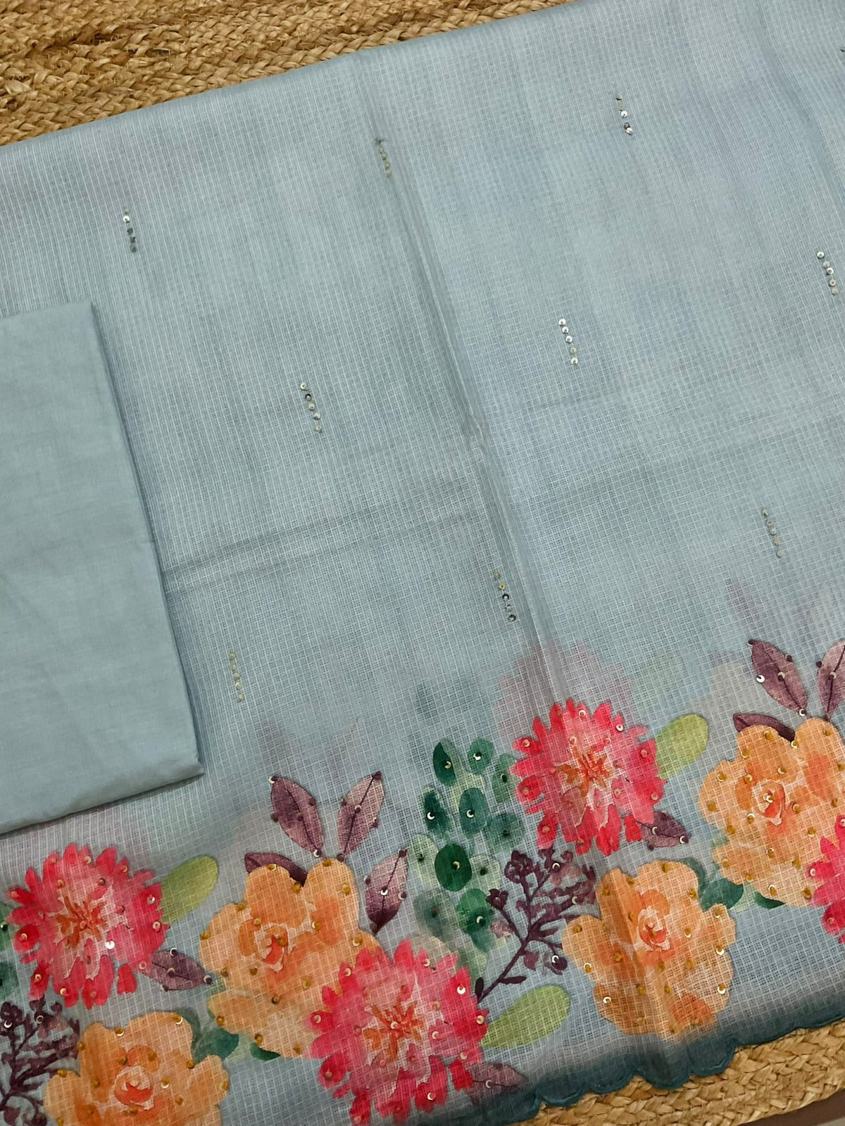 Soft Kota Silk Printed Embroidered Suit - Blue